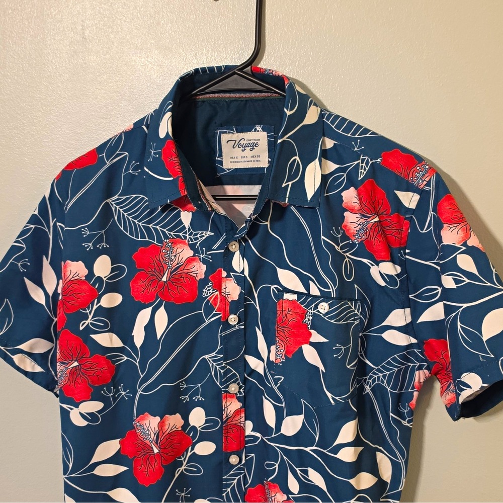Craft+Flow Men's Woven Polyester SS Button-Up Hawaiian Floral Pockets S Blue 179